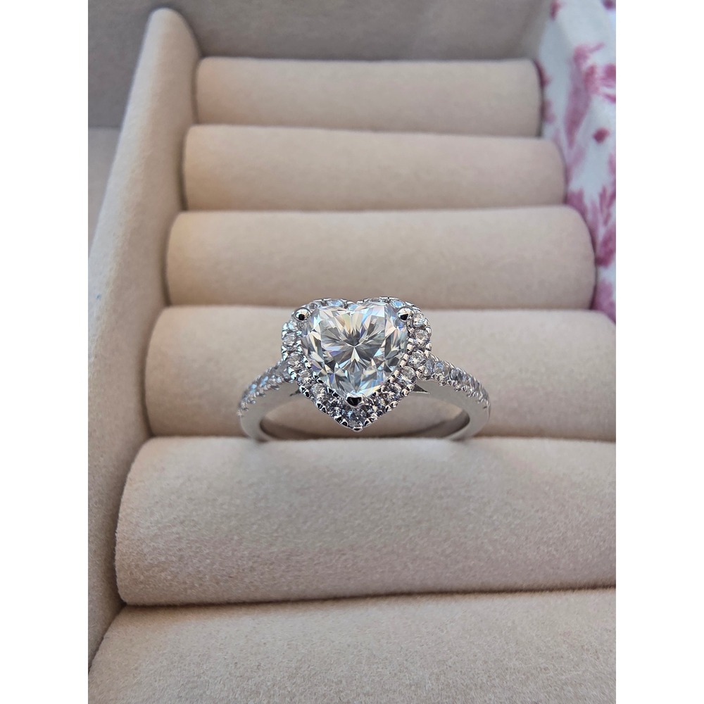GRA 1ct Heart Moissanite Halo Engagement Ring D Color Size 6.5 Silver Tone